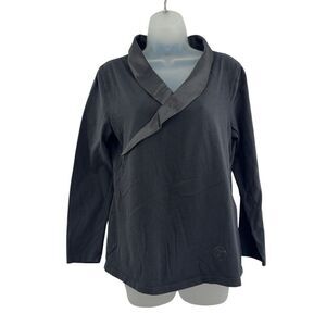 Temperley London M Black Satin Collar Scoop Cotton T Shirt Top Long Sleeve